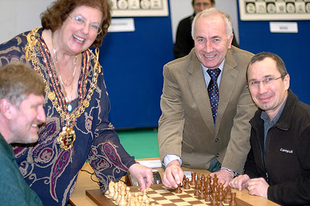 We then moved to the top board where the Mayor and MP each made an opening move. For the record, their game went Charlesworth - Foster: 1 d3 c6 ½-½. I shall expect to see that on next year's Mega Database unless FIDE intervene to declare a draw under 30 moves invalid. The two players, Petr Marusenko (white) and Valery Neverov, had both travelled all the way from Ukraine to play each other.